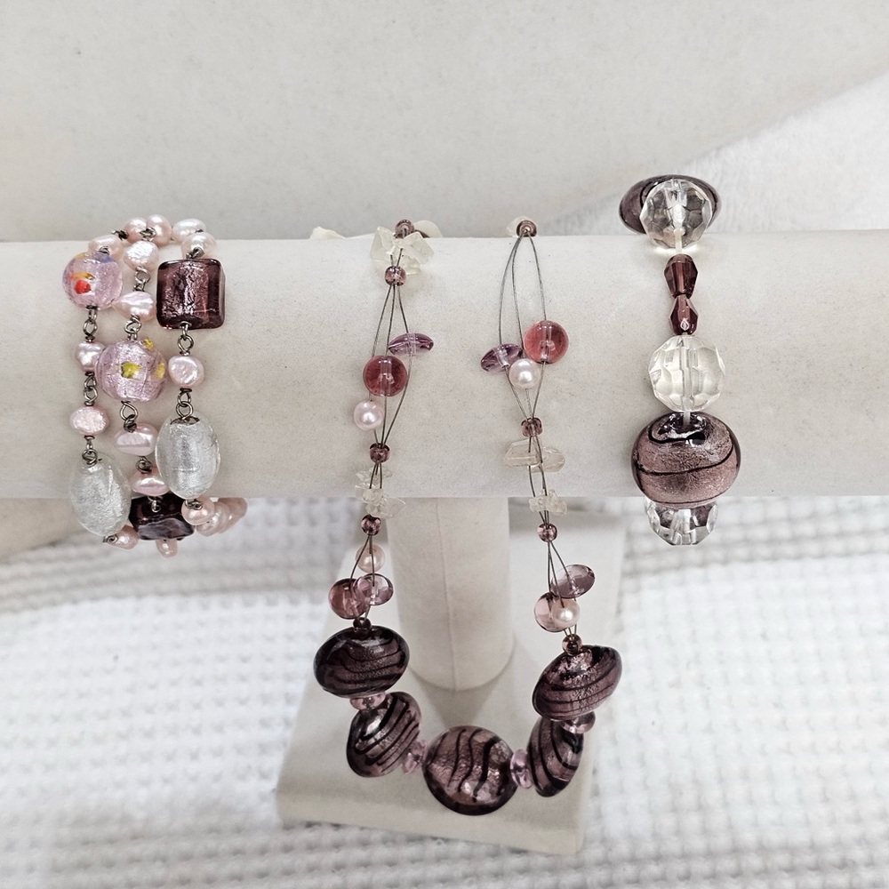 Glass Foil Bead and Pearl Necklace & Bracelets Bundle Set Shimmery Pink & Brown